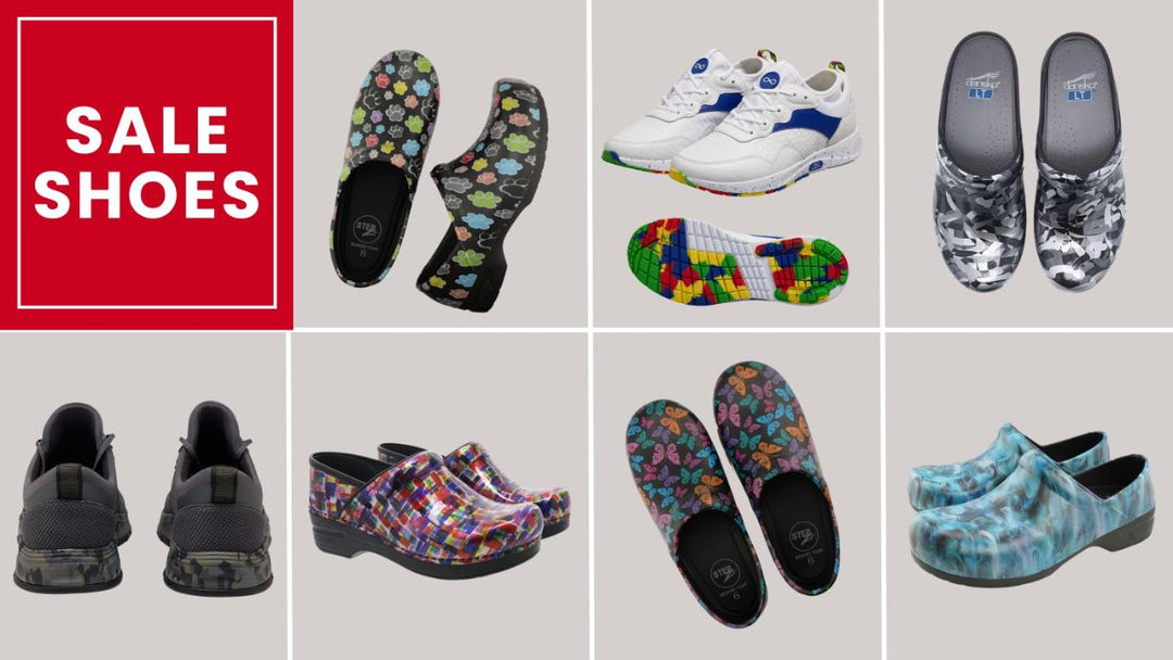 A look at Scrub Pro's collection of on-sale nursing sneakers and anti-slip clogs.