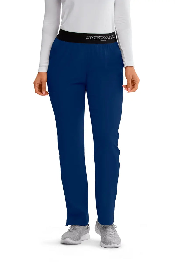The front of the Skechers Women's Elastic Waist Vitality Scrub Pant in Navy featuring a fully elastic waistband.