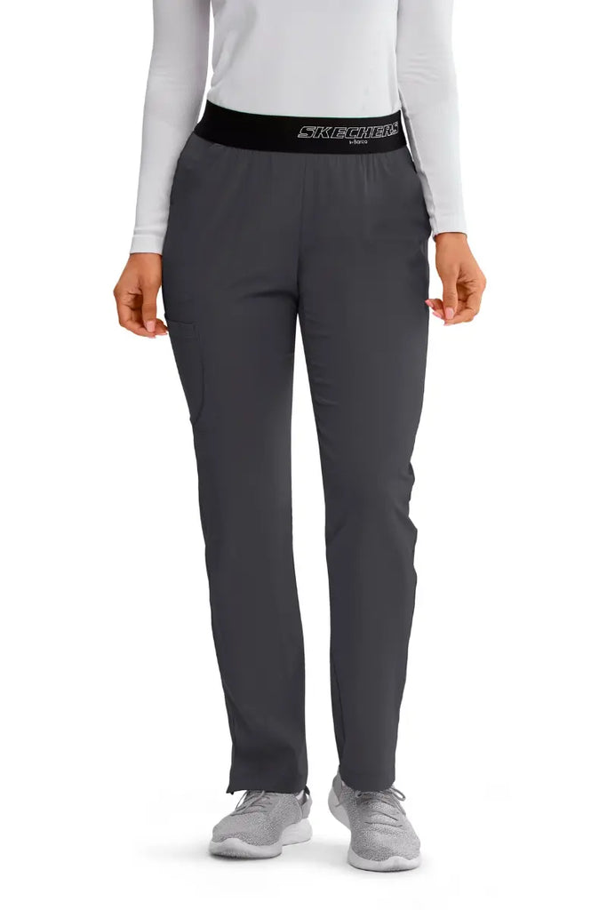The Skechers Women's Elastic Waist Vitality Scrub Pant in Pewter size Medium featuring a mid-rise and straight leg.