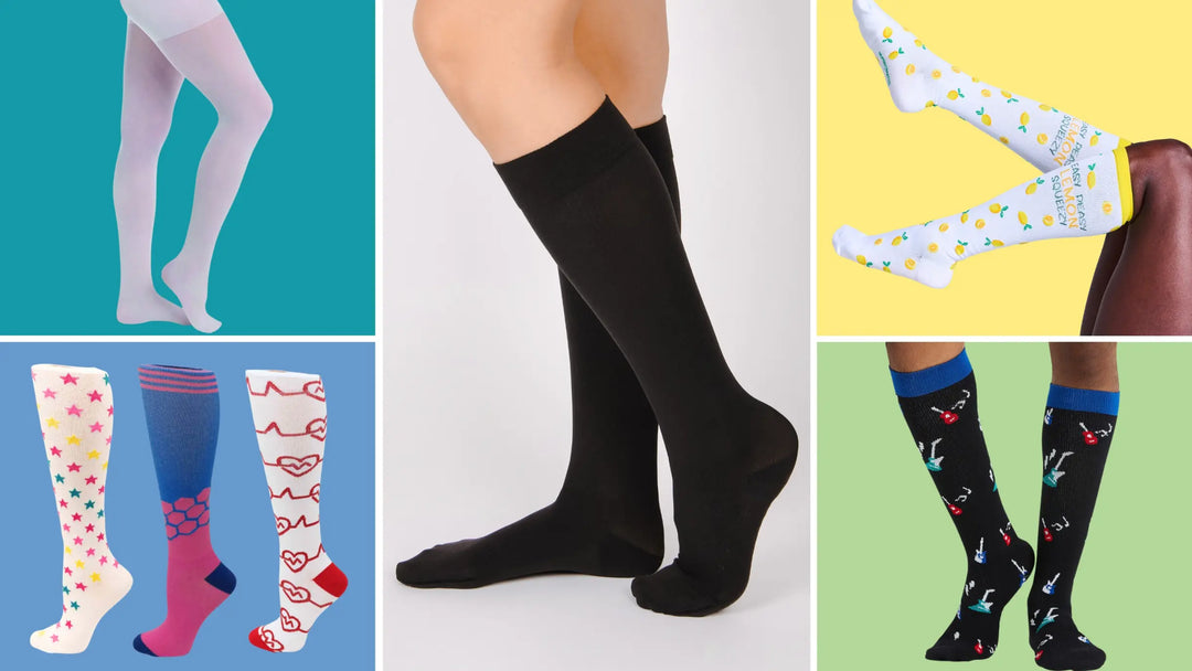 A collection displaying some of the available compression socks and hosiery at Scrub Pro Uniforms on a multi-colored background.