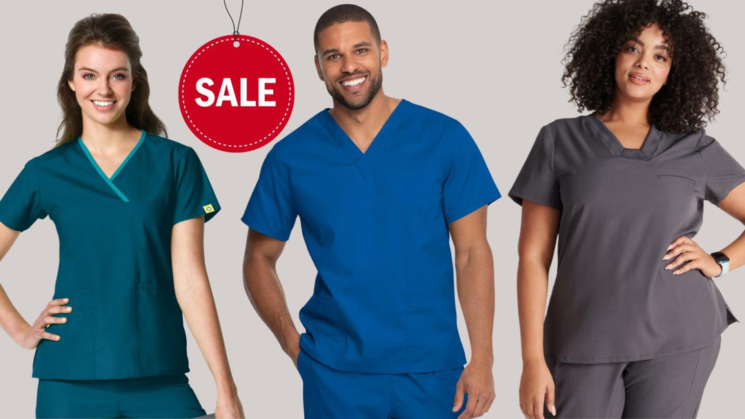 Three young medical professionals displaying some of the available scrub options in Scrub Pro's collection of solid scrub tops on sale.