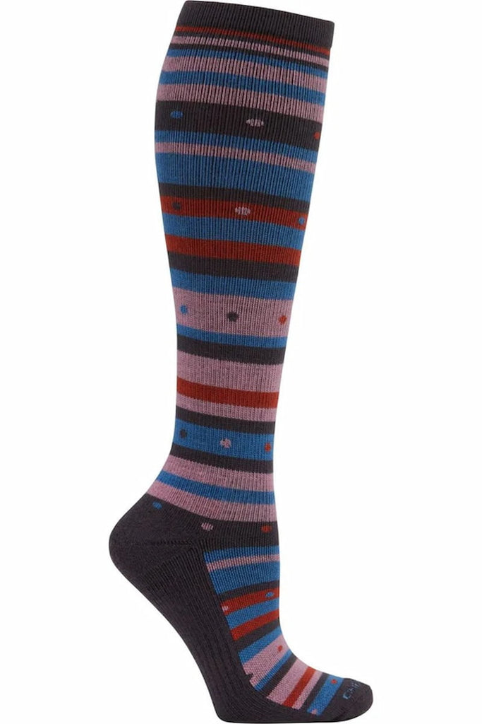 The Cherokee Women's Knee High Compression Socks in Soothing featuring a stylish knit pattern in shades of blue, grey, red and pink.