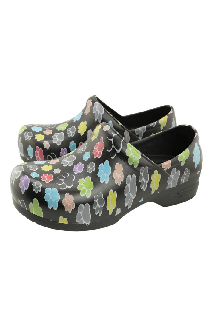 A look at the side of the StepZ Women's Slip Resistant Nurse Clogs in Pretty Paws featuring a unique print depicting vibrant, multi-colored paw prints on a Black background.