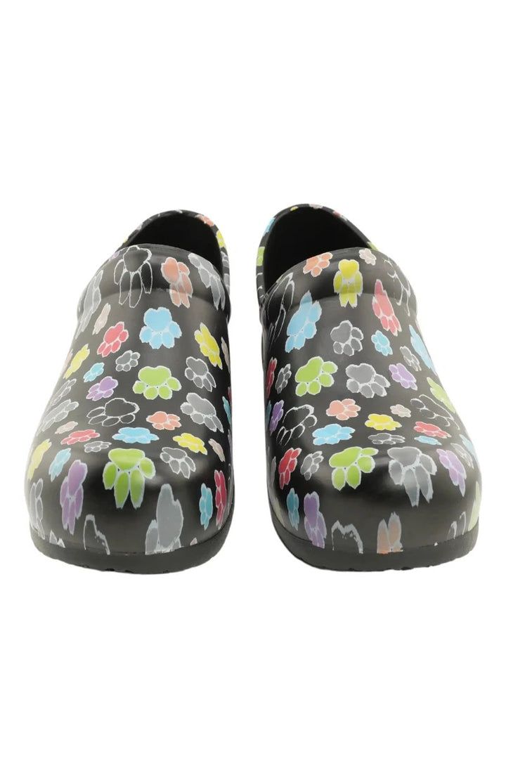 A look at the front of a pair of the StepZ Women's Nurse Clogs in Pretty Paws featuring a unique EVA construction designed to withstand very high temperatures.