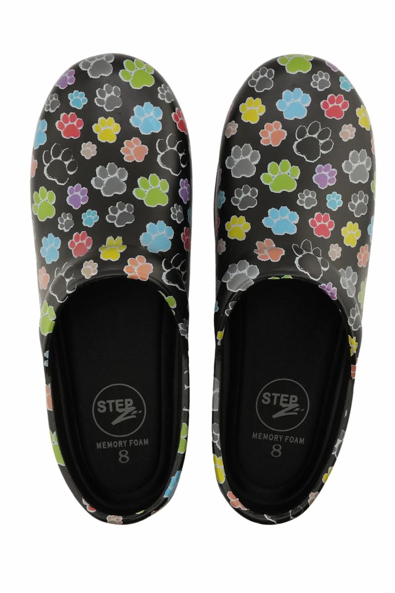 A top down look at a pair of the StepZ Women's Slip-Resistant Nurse in Pretty Paws.