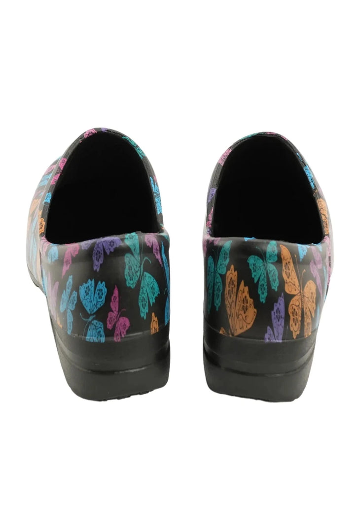 A look at the back of a pair of the StepZ Women's Slip Resistant Nurse Clogs in Vivid Butterflies featuring a heel height of 1.5".