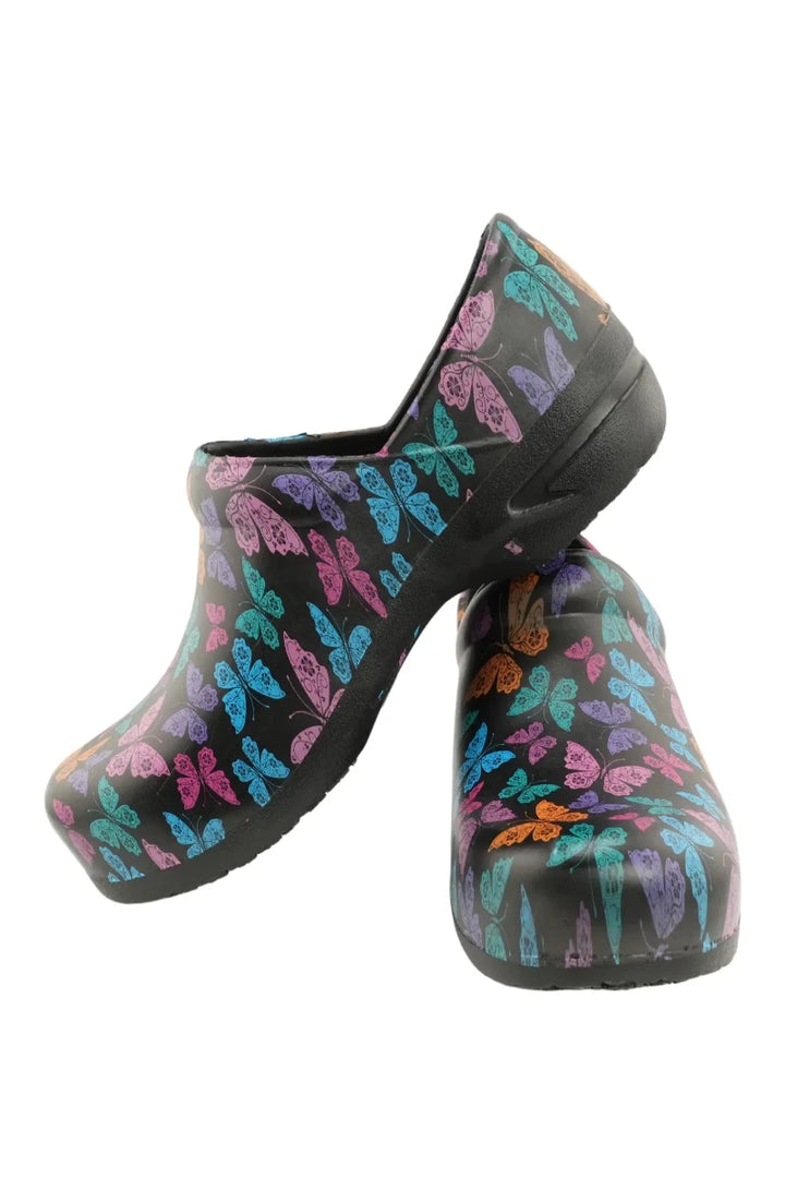 A look at a pair of the StepZ Women's Slip Resistant Nurse Clogs in Vivid Butterflies featuring a unique EVA construction designed to withstand very high temperatures.