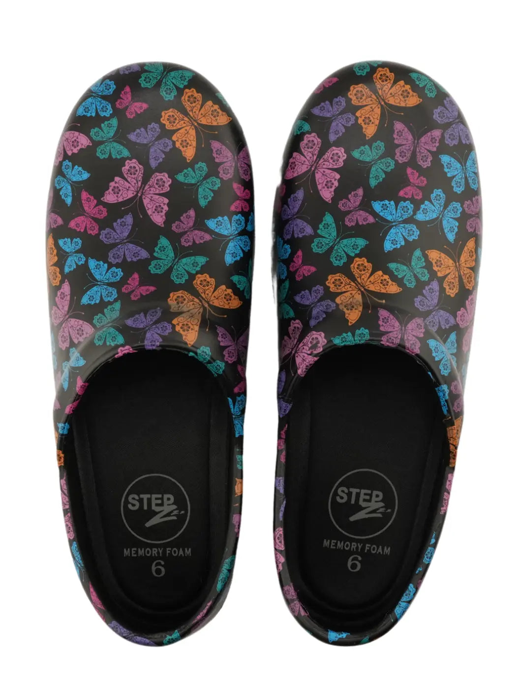 A top down look at the StepZ Women's Slip Resistant Nursing Clogs in Vivid Butterflies featuring a removable footbed.