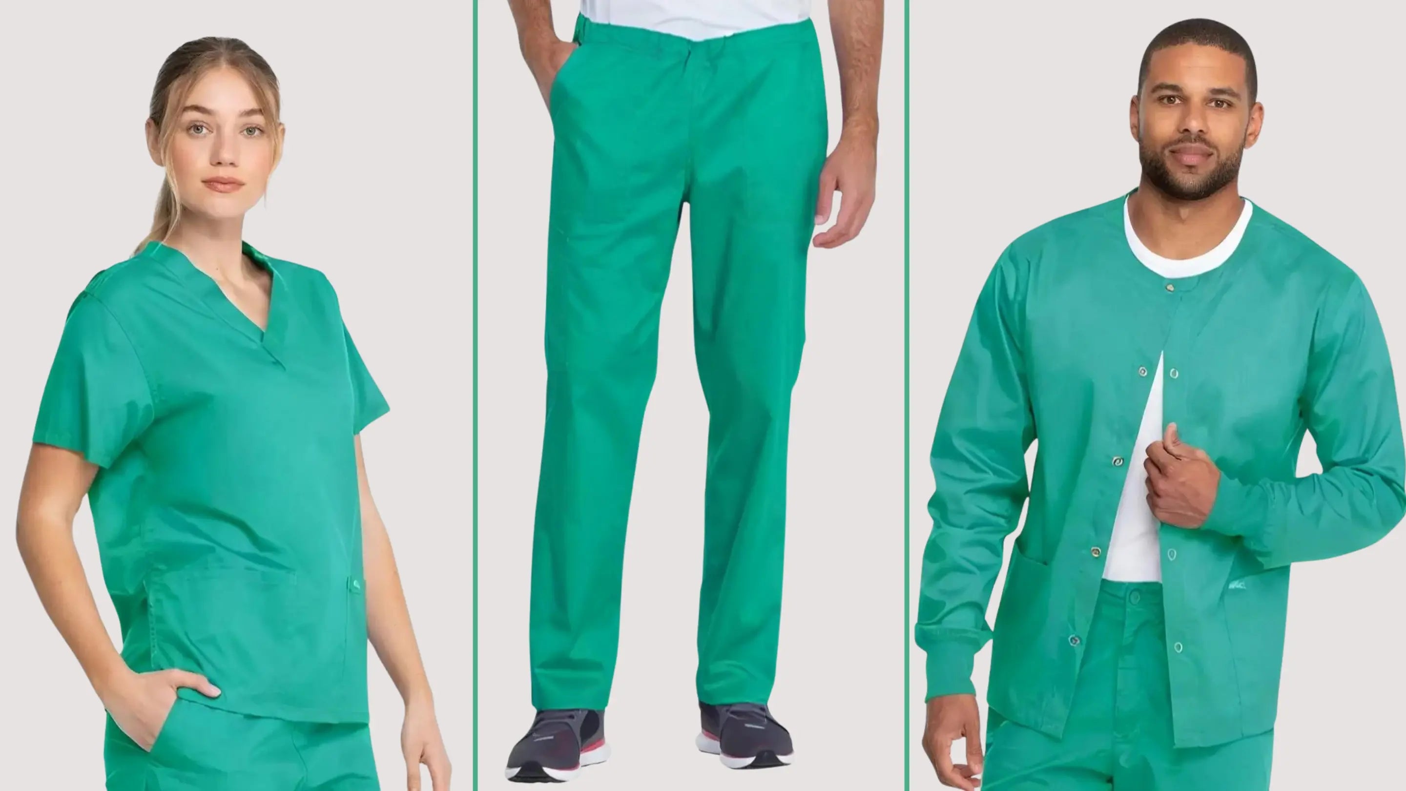 Three young members of a surgical team showcasing some of the available scrubs from Scrub Pro's Surgical Green Scrubs collection.