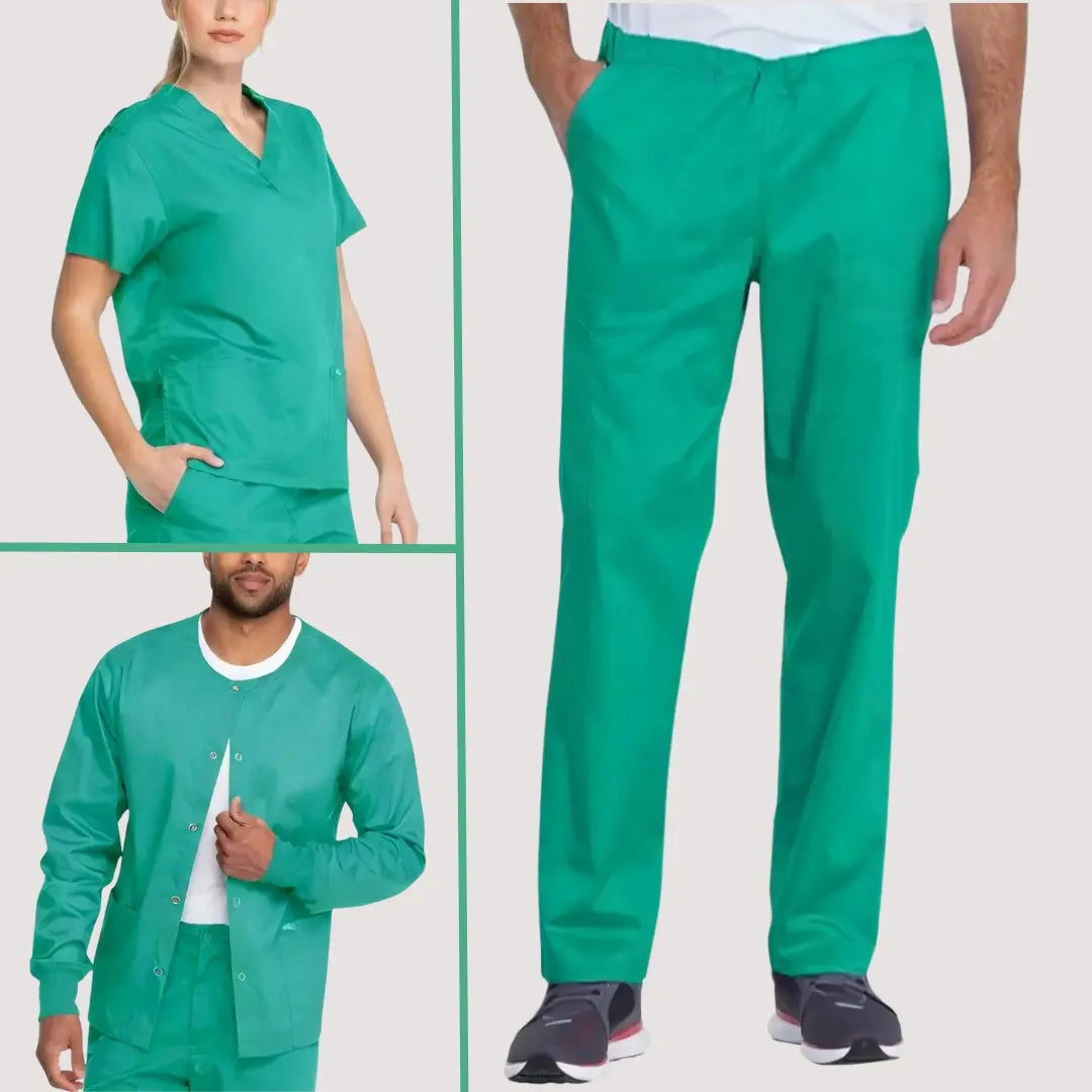 A collection of young Surgical Assistants showcasing some of the surgical green scrubs available at Scrub Pro on a light grey background.