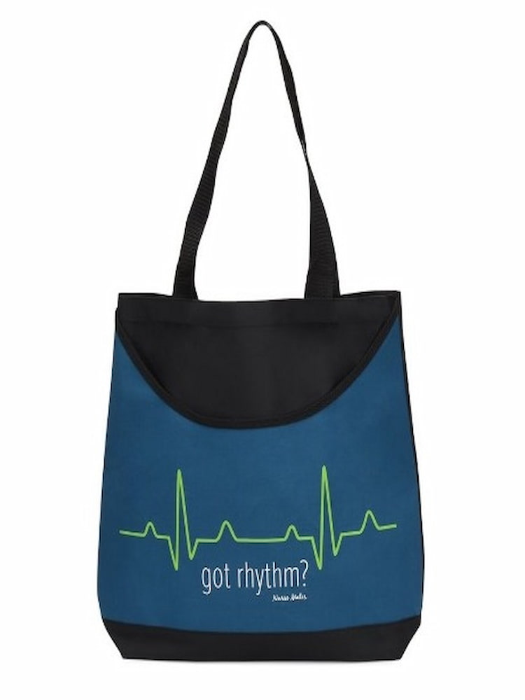 An image of a reusable tote bag from NurseMates featuring a unique EKG design that states "Got Rhythm"?.