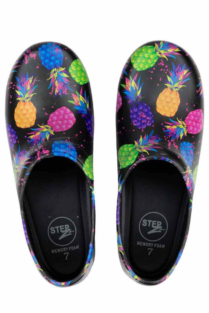 A top down view of the StepZ Women's Slip Resistant Nurse Clogs in "Pineapple Paradise" size 5 featuring padding in the front & back heel collar.