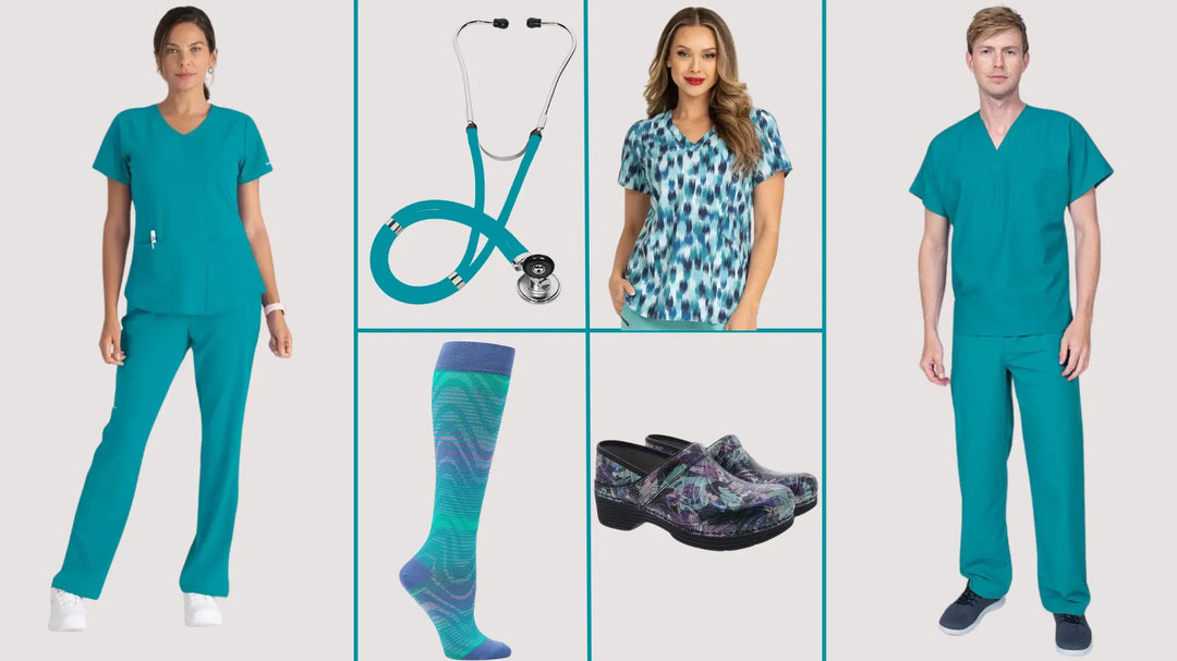 A banner displaying some of the available products in Scrub Pro's collection of Teal Scrubs and More on a light grey background.