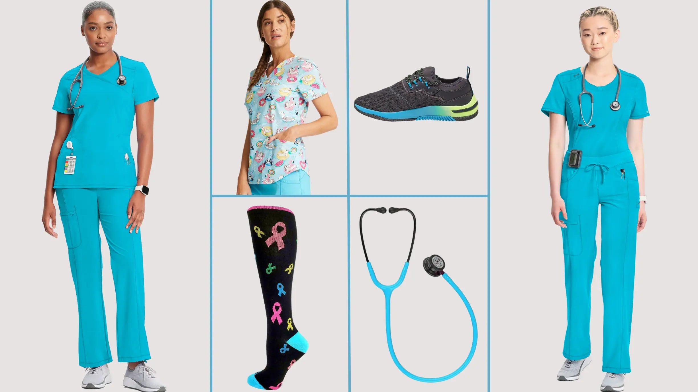 A banner showcasing some of the available products from Scrub Pro's Turquoise Scrubs and More collection on a light grey background.