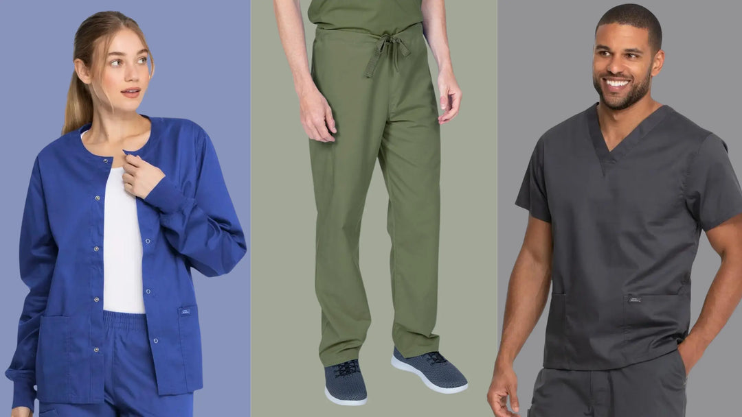 A collage of male and female healthcare workers wearing unisex scrubs in royal blue, olive green and pewter on multi-colored backgrounds.