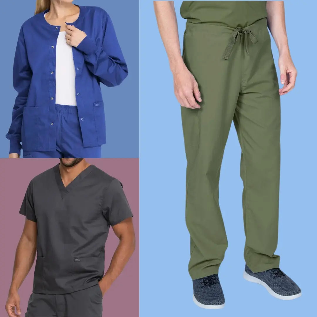 A collage of men and women wearing unisex scrubs in pewter, olive and royal blue on multi-colored backgrounds.