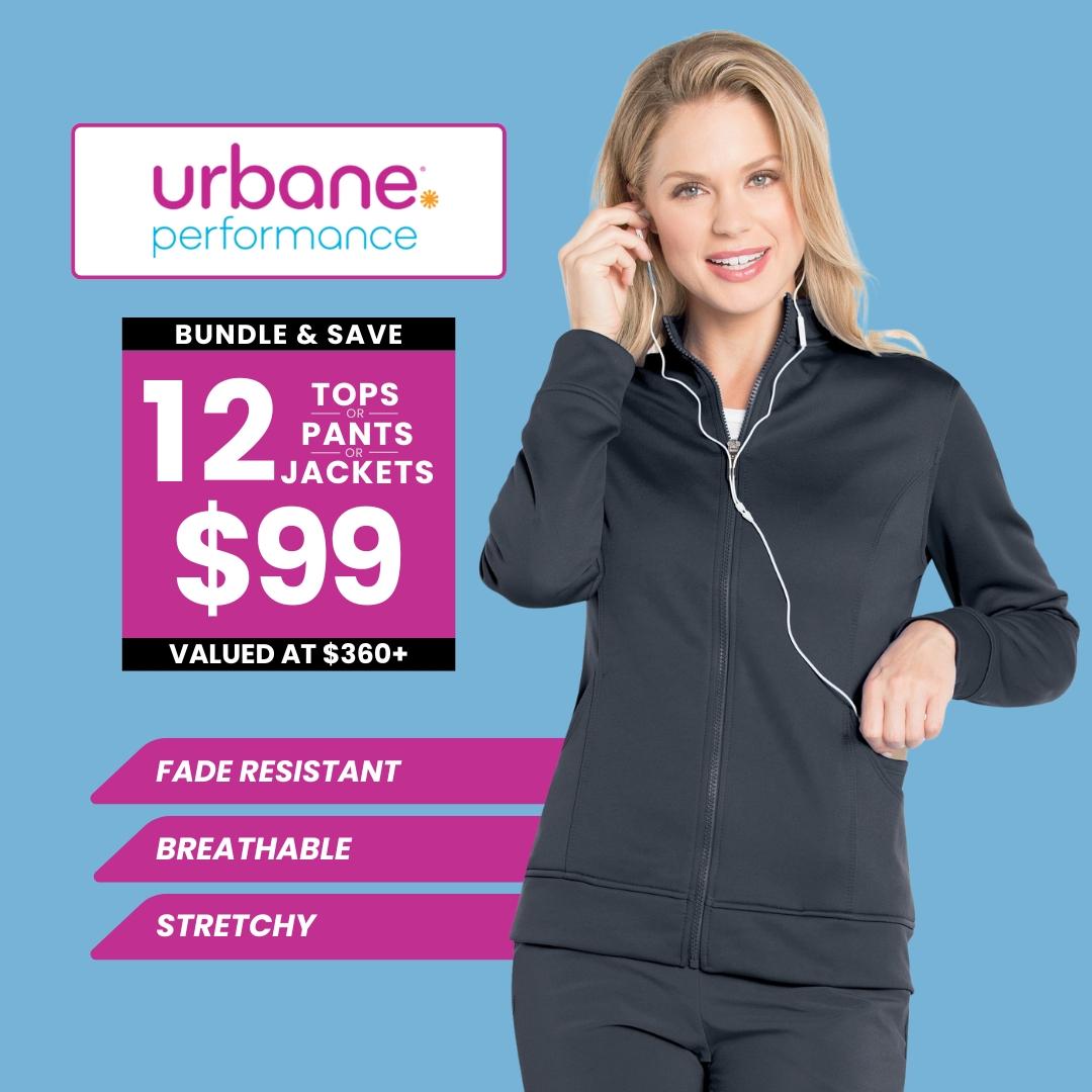 Get 12 Urbane Performance tops, bottoms, or jackets for just $99 at Scrub Pro Uniforms.