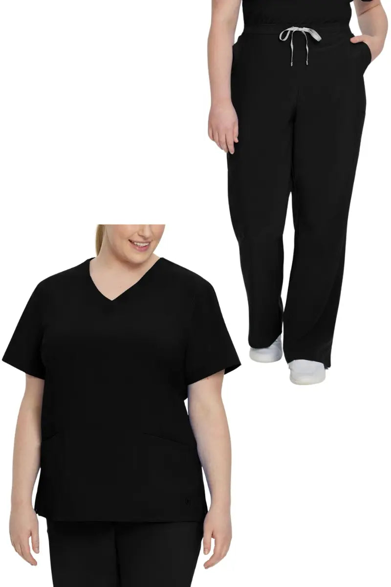 An image depicting available items in the Urbane Performance Women's Scrub Set in Black.