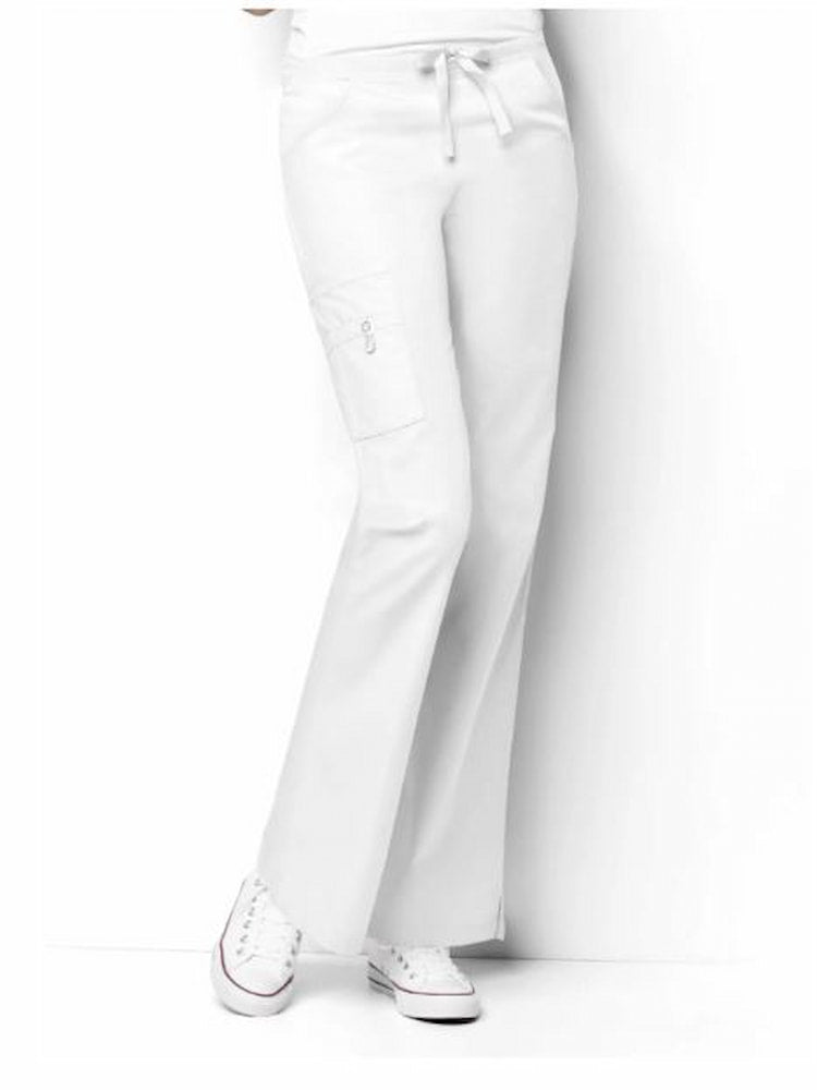 A youn female Home Health Aide waringa pair of the WonderWink Origins Women's Romeo Flare Leg Scrub Pant in White size 4XL featuring vents at the ankle. 