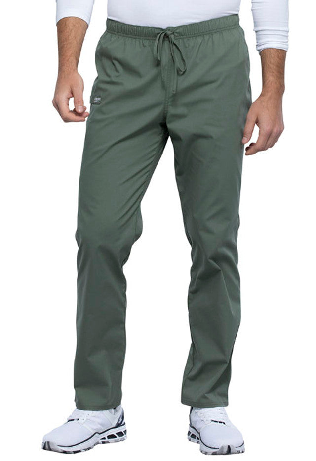 The front of the Cherokee Unisex Pocketless Scrub Pant in Olive Green featuring an elastic waistband.