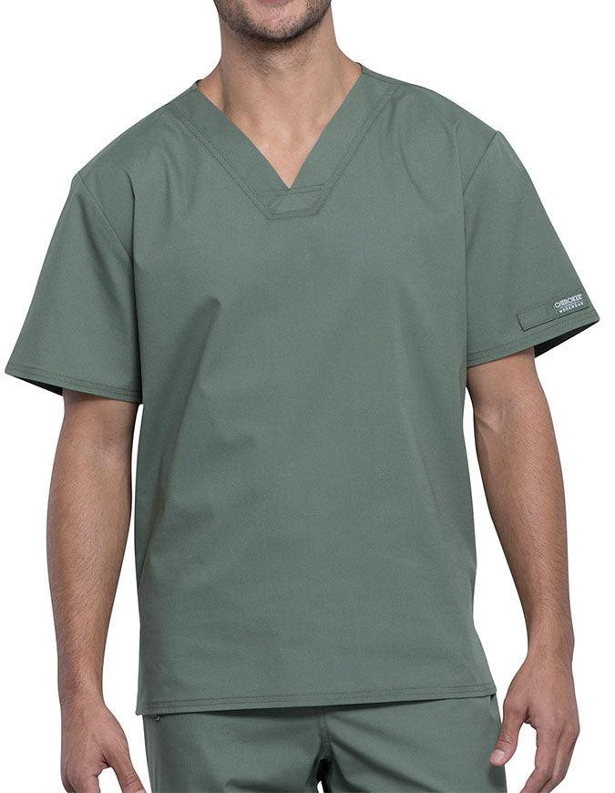 The front of the Cherokee Unisex Pocketless V-neck Top in Olive Green size XL.