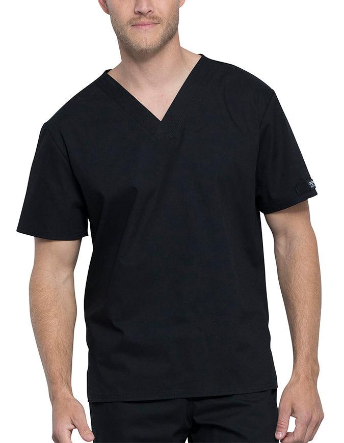 The front of the Cherokee Unisex Pocketless Scrub Top in Black featuring a v-neckline.