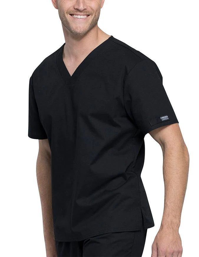 The left side of the Cherokee Unisex Pocketless Scrub Top in Black size Medium featuring an easy care fabric.