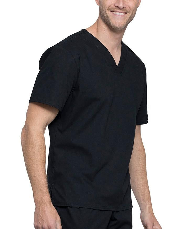 A look at the right side of the Cherokee Unisex Pocketless V-neck Scrub Top in Black featuring short sleeves.