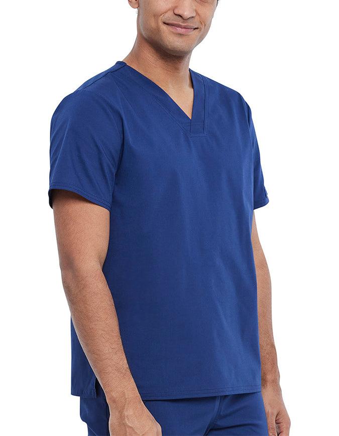 A look at the right side of the Cherokee Unisex Pocketless V-neck Scrub Tops in Navy Blue size Medium.