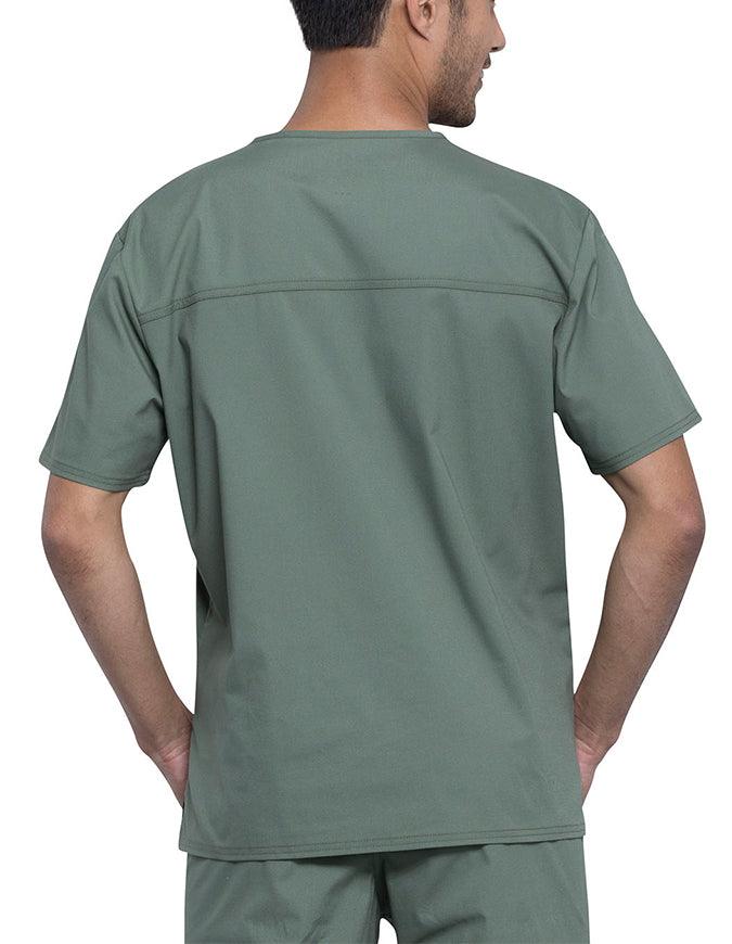 A male Surgeon showcasing the back of the Cherokee Unisex Pocketless V-neck Scrub Top in Olive Green size Large.