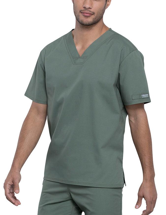 The left side of the Cherokee Unisex Pocketless Scrub Top in Olive featuring short sleeves.