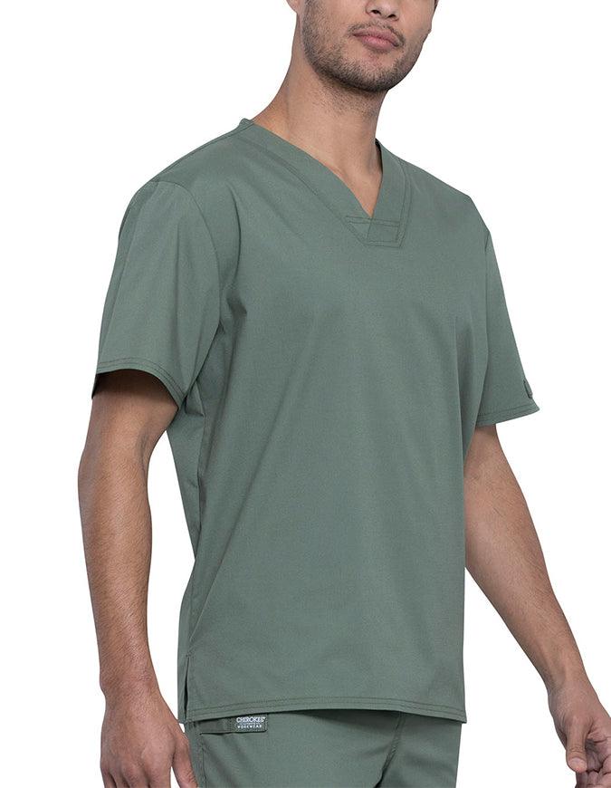 The right side of the Cherokee Unisex Pocketless V-neck Scrub Top in Olive featuring side slits.