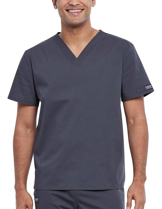 The front of the Cherokee Unisex Pocketless V-neck Top in Pewter size Small featuring short sleeves and streamlined fit.