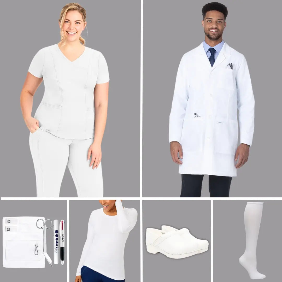 Various products from Scrub Pro's White Scrubs and More collection on a solid light grey background.