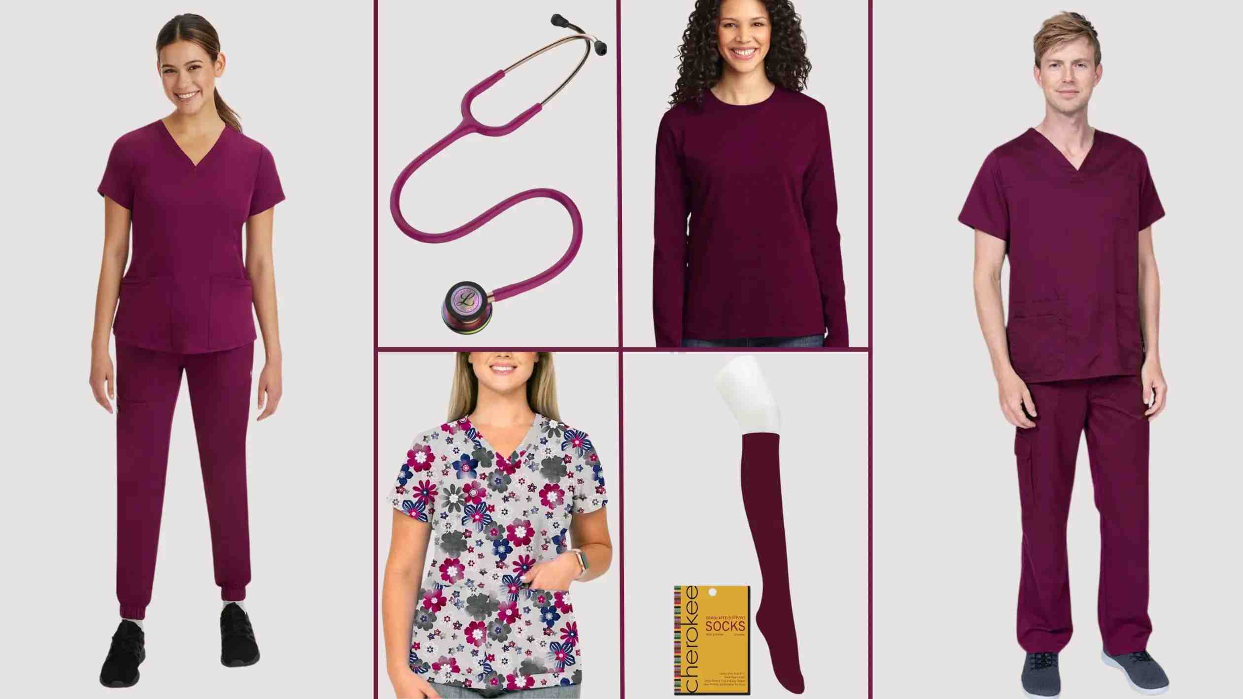 A collection of images showcasing some of the available Wine colored products from Scrub Pro, including solid wine scrubs, printed scrub tops, compression socks, and medical devices.