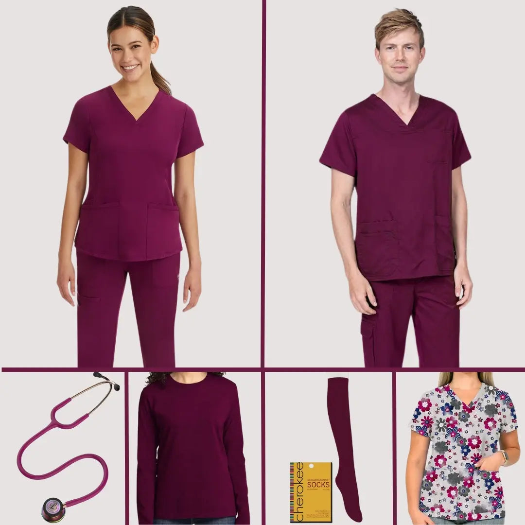 A variety of images displaying some of the available scrub styles, accessories, and medical devices in Scrub Pro's Wine Scrubs and More collection.