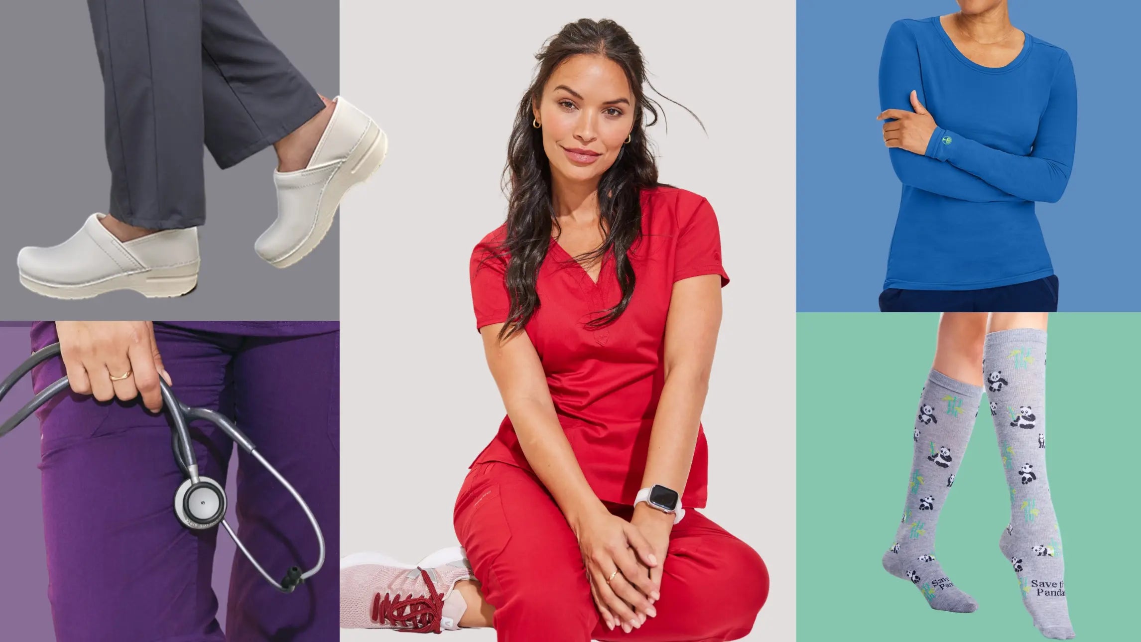 Multiple female healthcare workers displaying various available styles in Scrub Pro's women's collection on a multi-colored background.