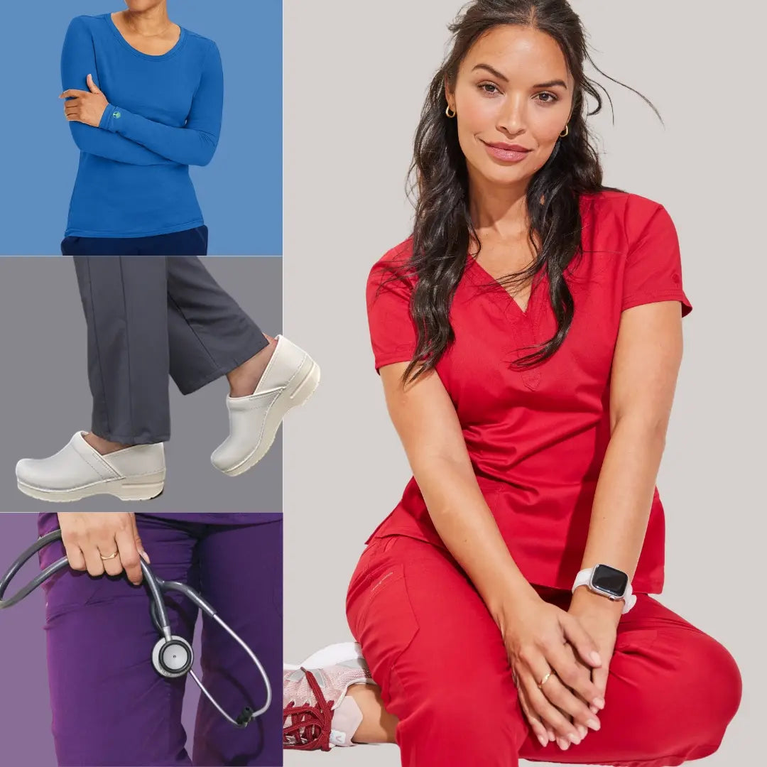 Various female nurses showcasing some of the available styles in Scrub Pro's Women's collection on a multi-colored background.