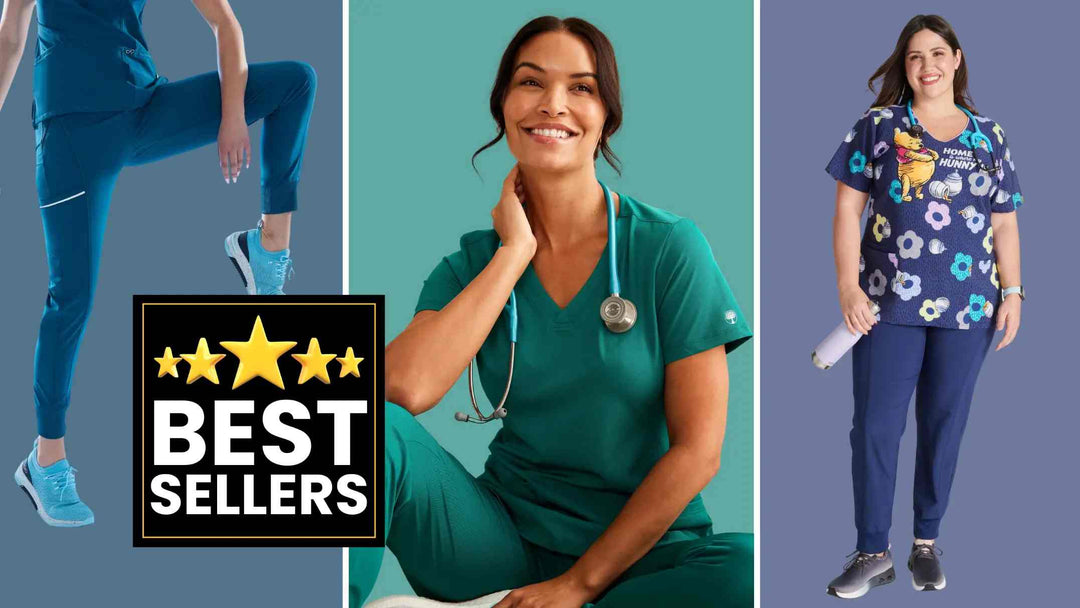 A banner depicting three female nurses wearing some of the items available in Scrub Pro's Women's Best-Sellers collection on a multi-colored background.