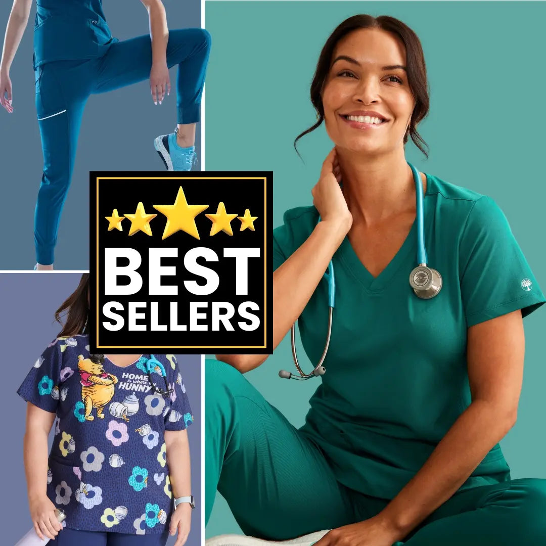 Three young female nurses showcasing a few items in Scrub Pro's Women's Best-Sellers collection on a multi-colored background.