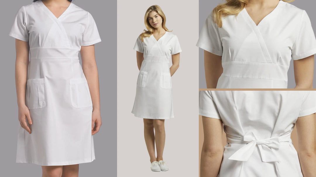 A collection of images displaying a young female nurse wearing a white scrub dress from Scrub Pro Uniforms on a grey background.