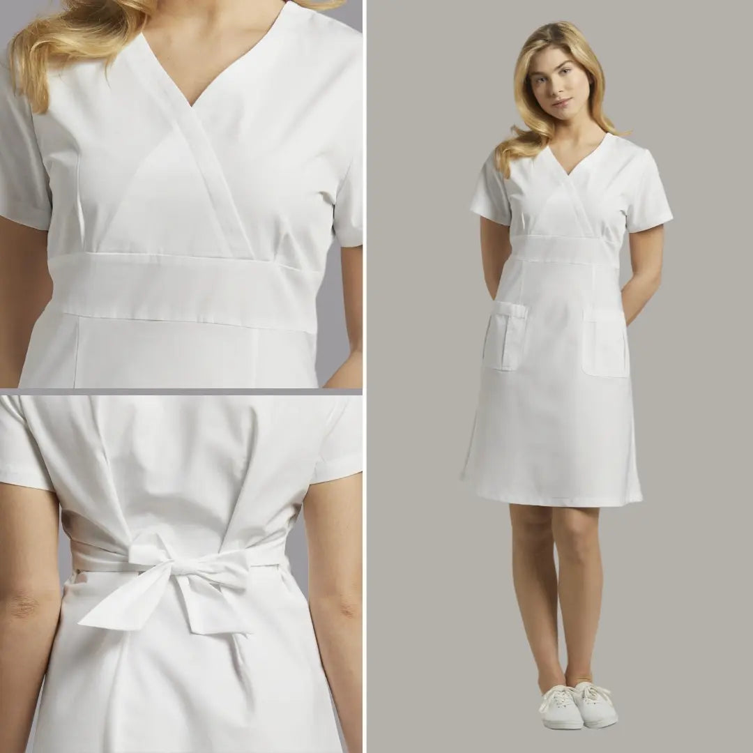 A collage of a young female nurse wearing a scrub dress from white cross on a grey background.