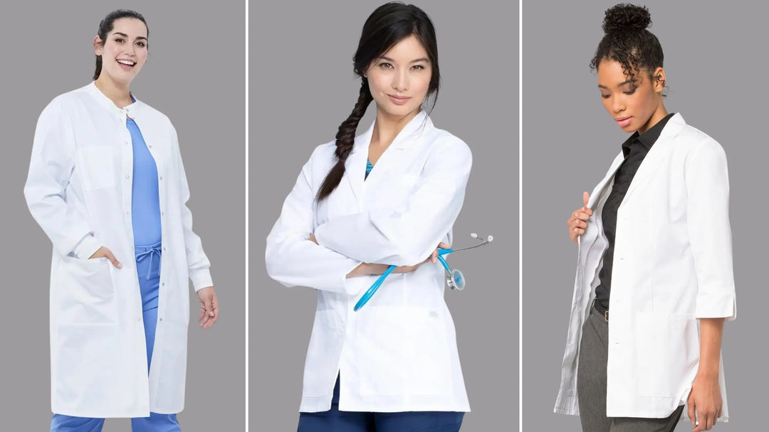 Three young female dentists displaying some of the available styles of women's lab coats at Scrub Pro on a light grey background.