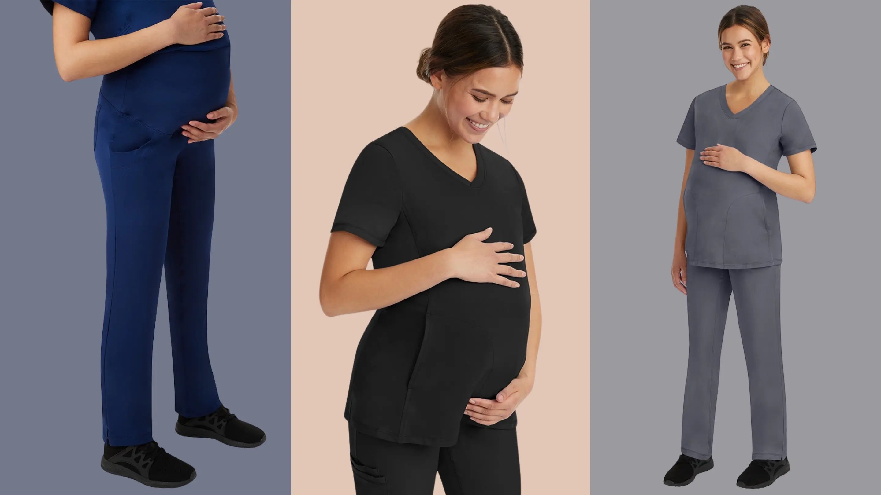 A group of expecting mothers wearing maternity scrubs from Scrub Pro in Navy Blue, Black and Pewter on a multi-colored background.