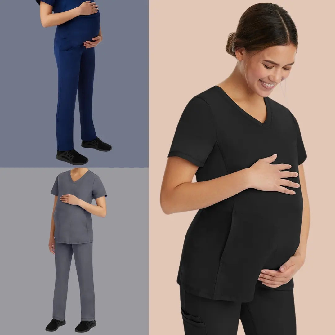 A collection of pregnant female nurses wearing maternity scrubs from Scrub Pro Uniforms on a multi-colored background.