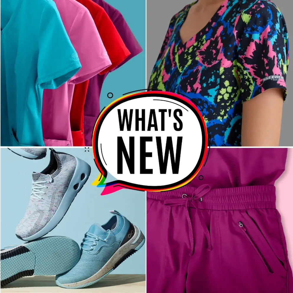 A collage of newly available solid scrubs, print scrubs, and footwear at Scrub Pro Uniforms on a multi-colored background.