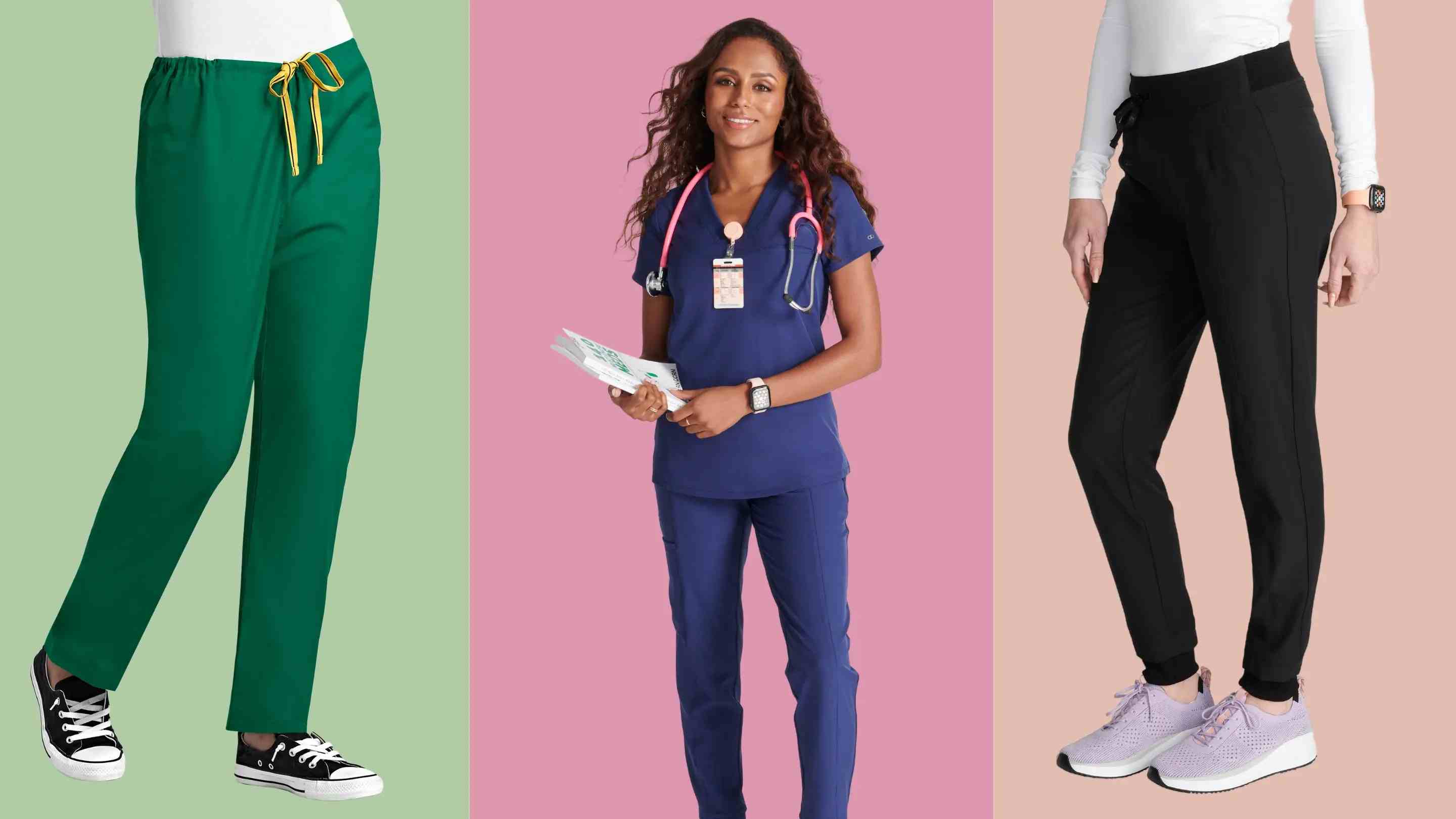 Three female healthcare professionals wearing scrub pants from Scrub Pro Uniforms in Hunter Green, Navy Blue, and Black on a multi-colored background.