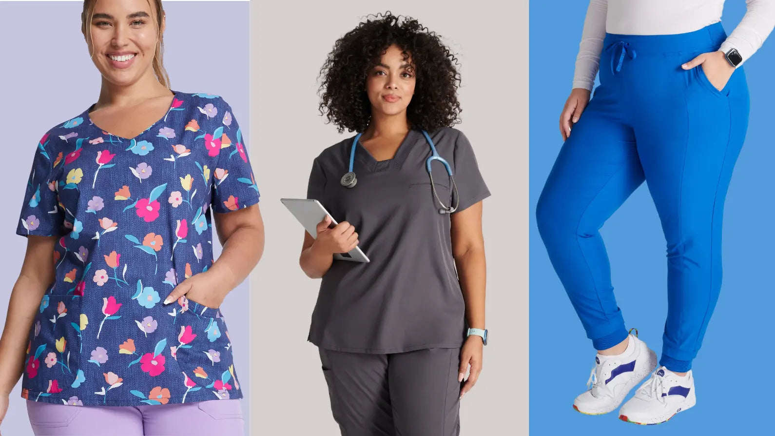 Three female psychiatric nurses wearing plus-size scrubs from Scrub Pro in a variety of colors and prints on a multi-colored background.