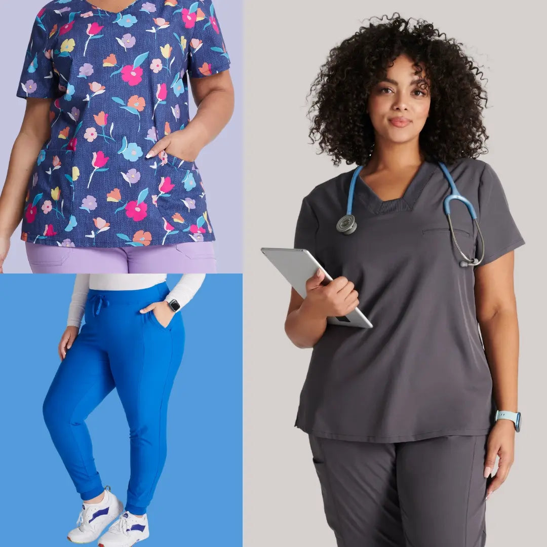 A collage of female pediatric nurses wearing plus size scrubs from Scrub Pro Uniforms on a multi-colored background.