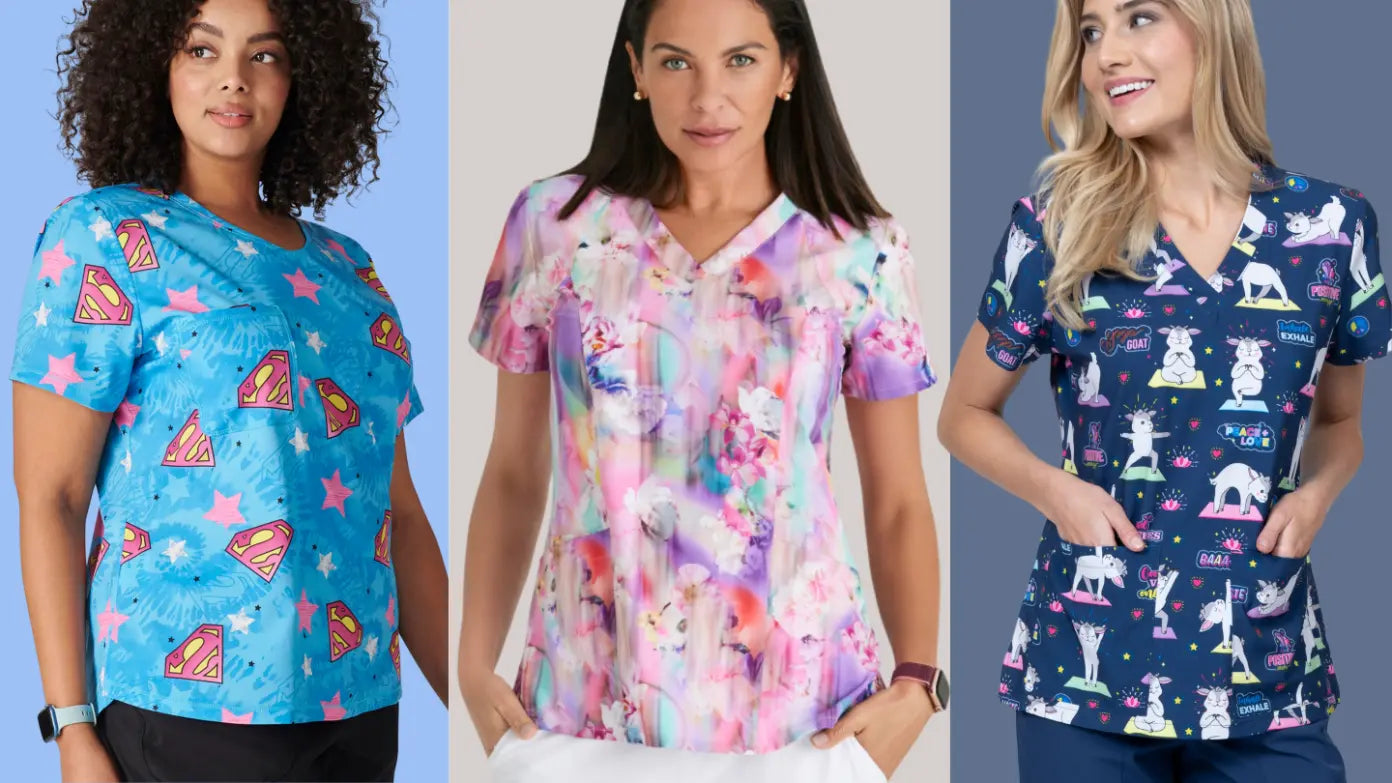 Three children's nurses wearing printed scrub top from Scrub Pro Uniforms on a multi-colored background.